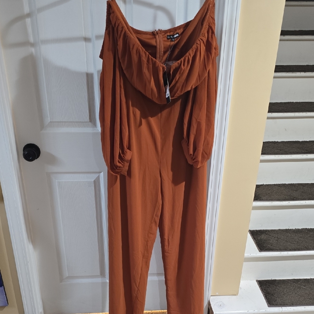 Fashion Nova Rust Off-Shoulder Jumpsuit with Ruffle Neck